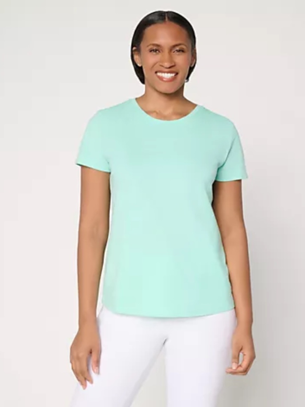 Denim & Co. Essentials Linen Blend Top with Smocking Detail, Mint Sz L a722376